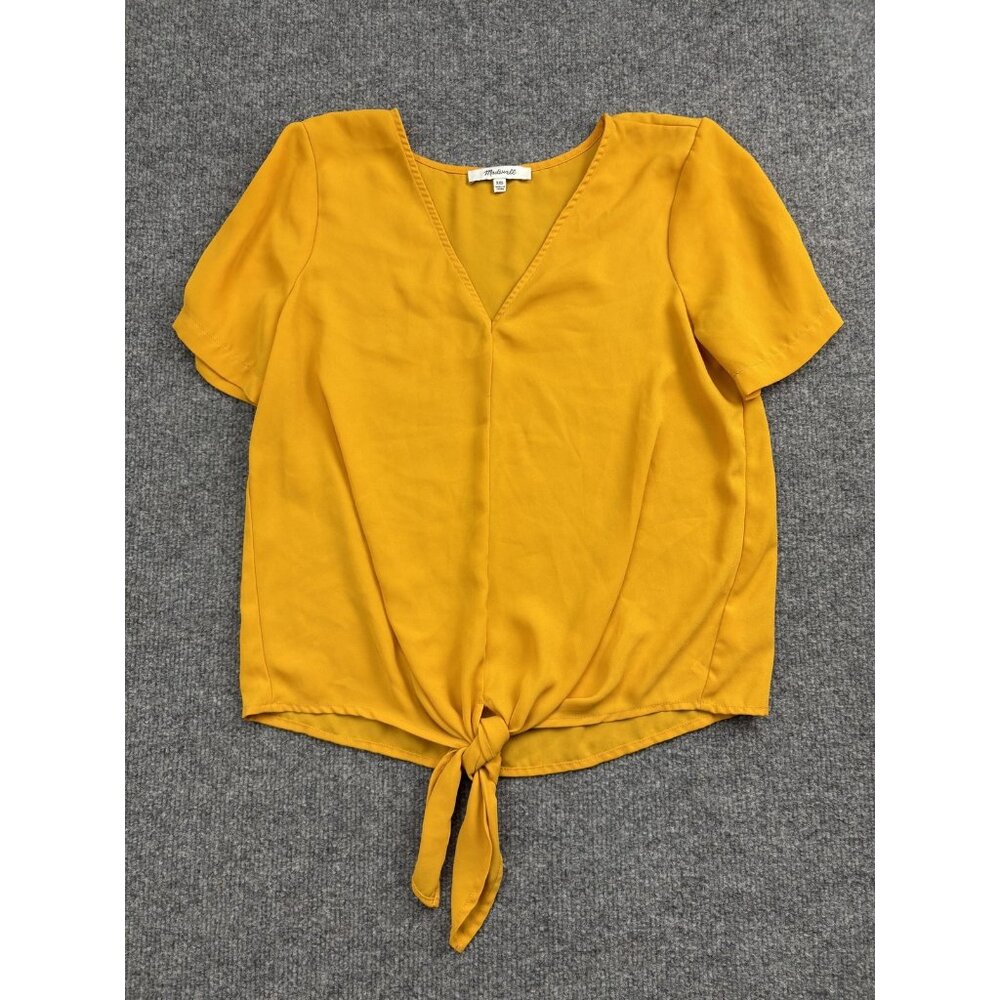 Madewell Shirt Womens XXS Yellow Tie Front V‎ Neck Short Sleeve Blouse Top